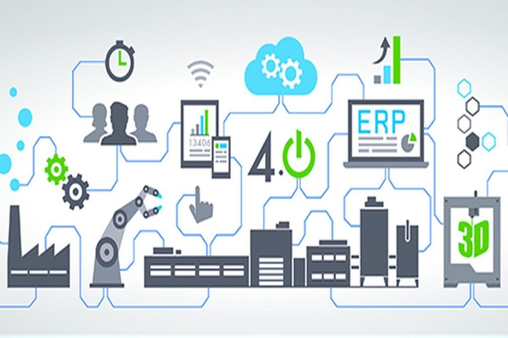 Illustration von digitaler Vernetzung und Konnektivität, die die Integration von Technologie im Bankwesen und in der Industrie zeigt.